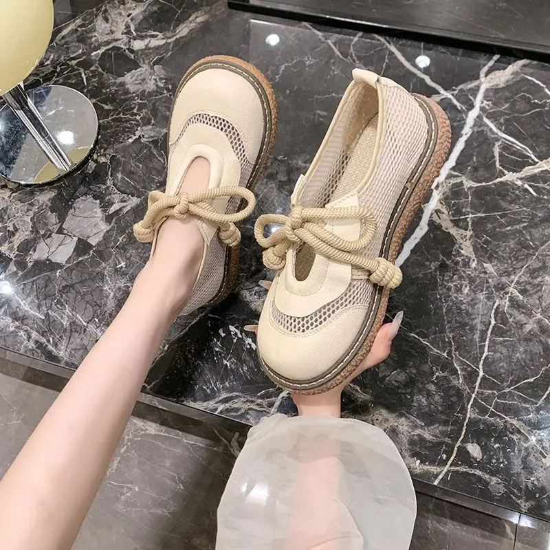 

【2025 Autumn】Mori Style Perforated Shoes Women Breathable Cotton Linen Platform Shoes Japanese Kawaii Doll Shoes College Casual