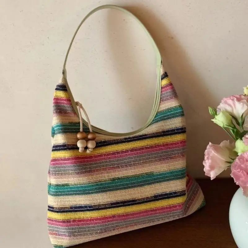 High quality women's fashionable rainbow colored handbag casual woven large capacity shoulder bag high-quality beach bag