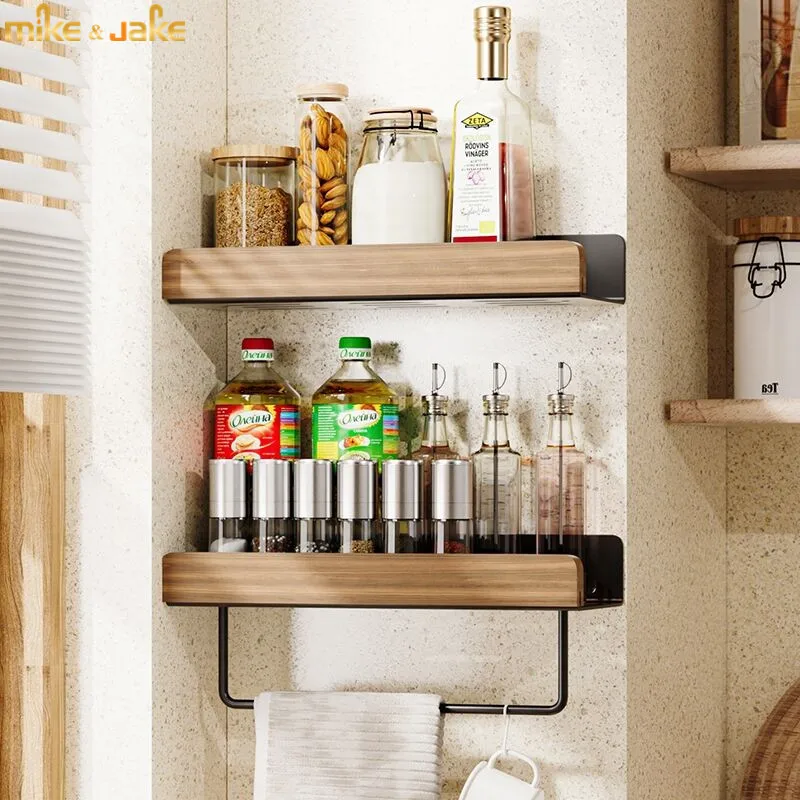 Bathroom shelf Black aluminum wood shelf Bathroom Cosmetic shelf kitchen wall shelf Kitchen seasoning rack cup rack（no glue）