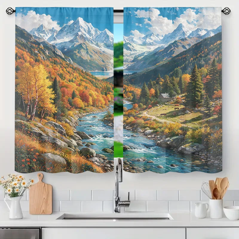 Beautiful Autumn Mountain Landscape Curtains Window Drapes for Home Decor Rustic Alpine River Scenic View Room Treatment
