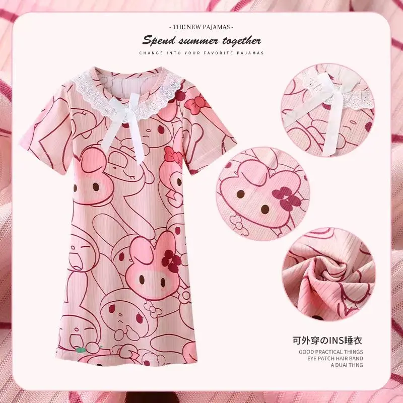 Hello Kitty Sanrio Kuromi Child Nightgown Princess Girl Short Sleeves Pajamas Cartoon Dress Princess Style Tracksuit Girls Gifts