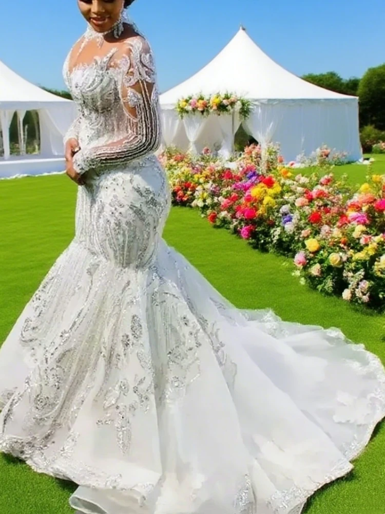 長袖マーメイドウェディングドレスブライダルドレススパンコールレースアップリケハイネックスイープトレインカスタムメイドVestidosビーチガーデン