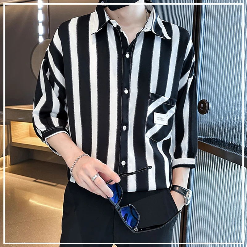 

2024 Summer Senior Handsome Leisure Stripe Thin Style Loose Fitting Fashion Trend Commuting Three-quarter Sleeve Men's Shirts