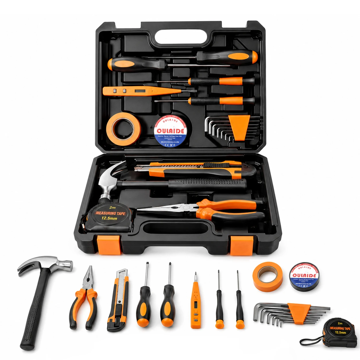 Deze 21-delige multifunctionele gereedschapsset, bestaande uit schroevendraaierbits, een mes, een set platte schroevendraaiers N, een set kruiskop schroevendraaiers N, een meetlint, tangen, enz., is