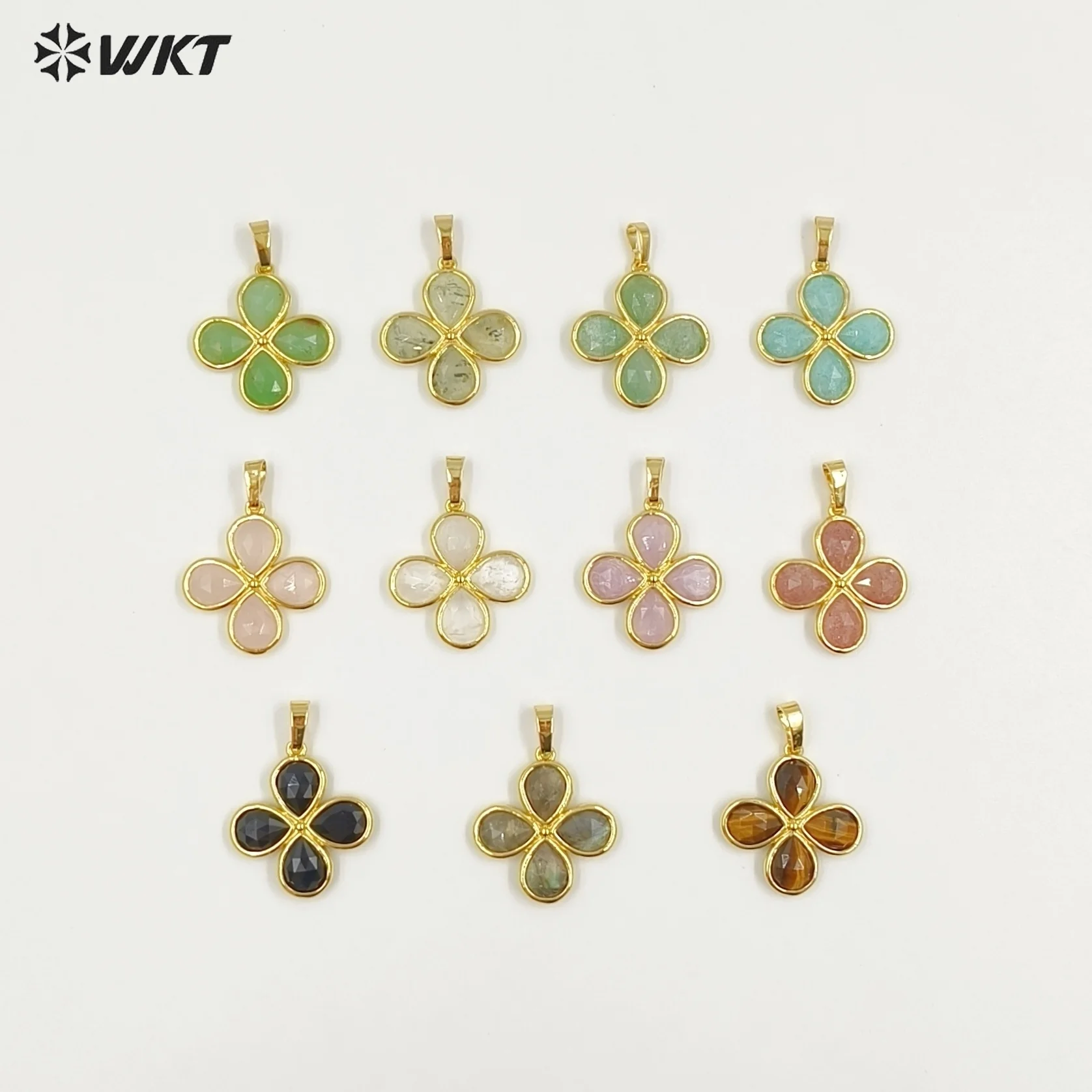 WT-P2031 Romantic Lovely Gold Plated Lucky Four Drop Clover Flowers Shape Natural Gemstone Pendants For Ladies Necklace DIY