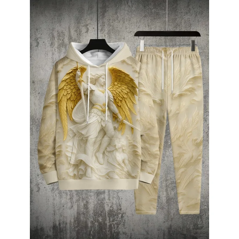 2025 Conjunto de sudadera con capucha de moda para hombre, pantalones con capucha de dos piezas, elementos impresos en 3D de estilo deportivo