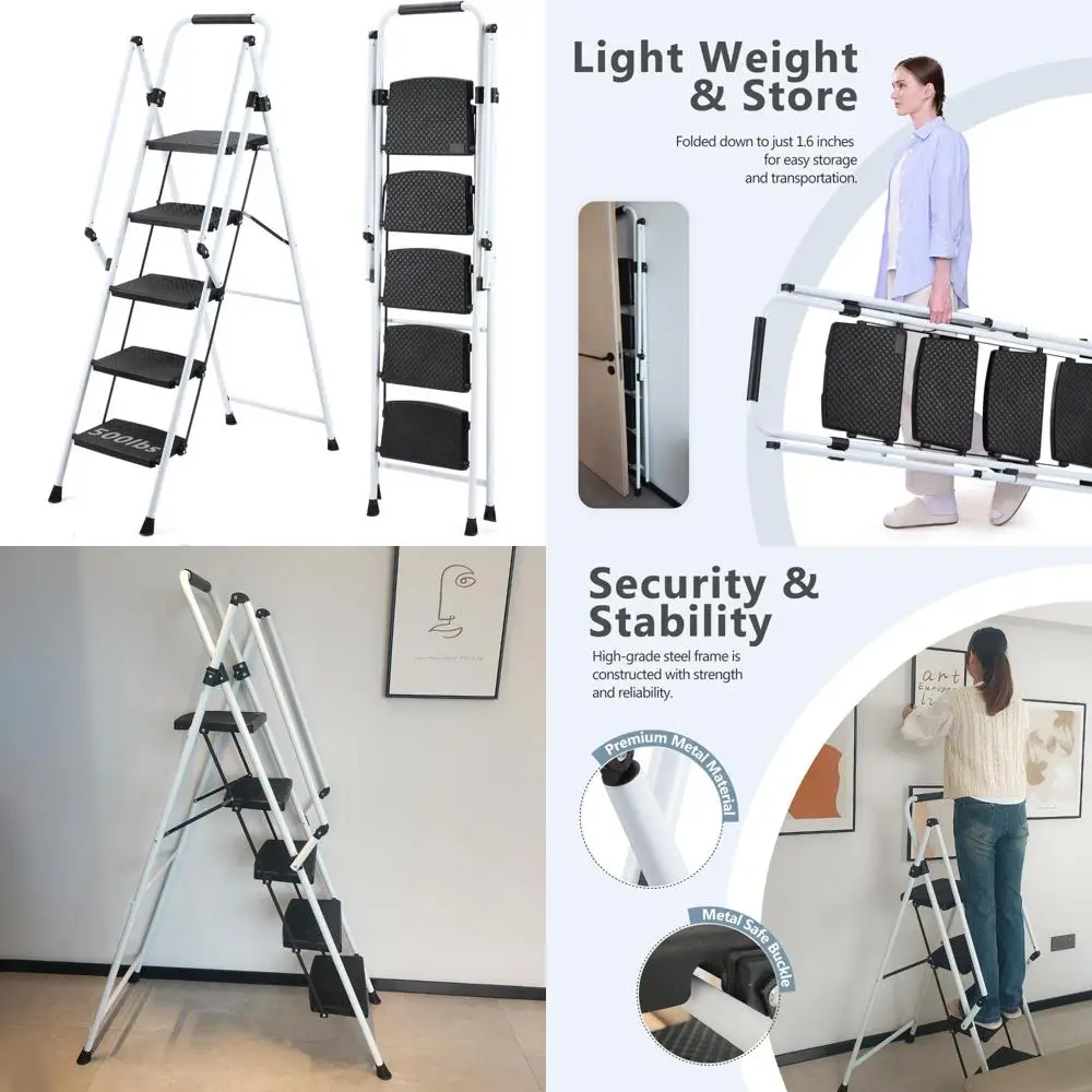 Escada dobrável de aço de 5 degraus com corrimãos, pedais largos, capacidade de 300 libras para uso doméstico