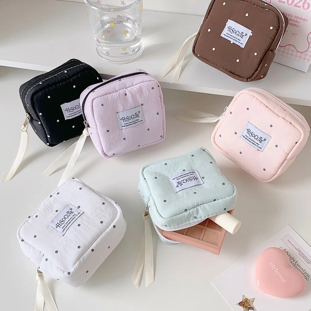 Polka Dot Solid Square Cosmetic Bag Girl Portable Small Lipstick Pouch Student Simple Sanitary Napkin Storage Bag