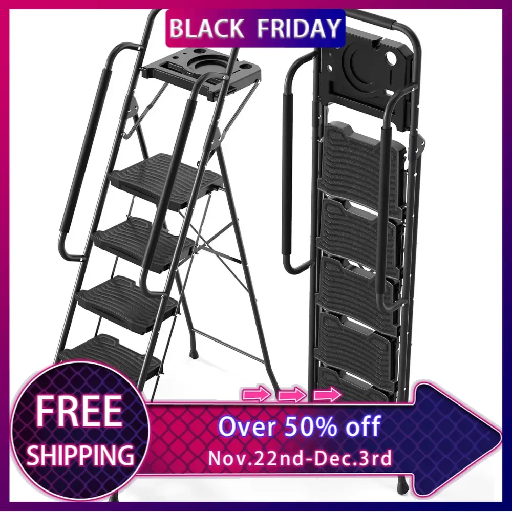 5 Step Ladder with Tool Platform, 900 lbs Sturdy Step Stool with Handrail, Folding Steel Ladder with Wide Pedal, Safety Ladders