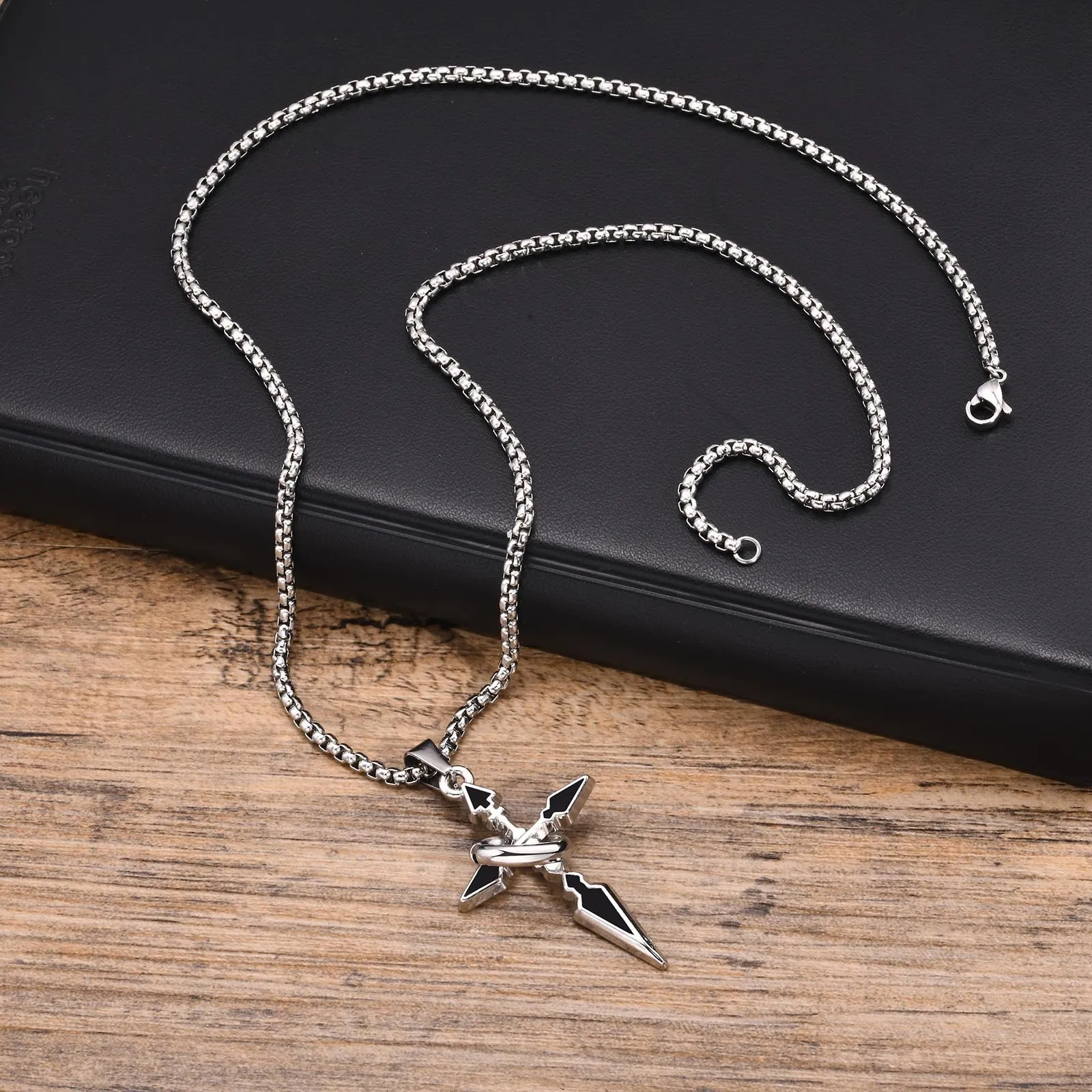 Mens Cross Necklaces,Waterproof Stainless Steel Cross Pendant Collars with Circle Ring,Stylish Christian Prayer Jewelry Gifts