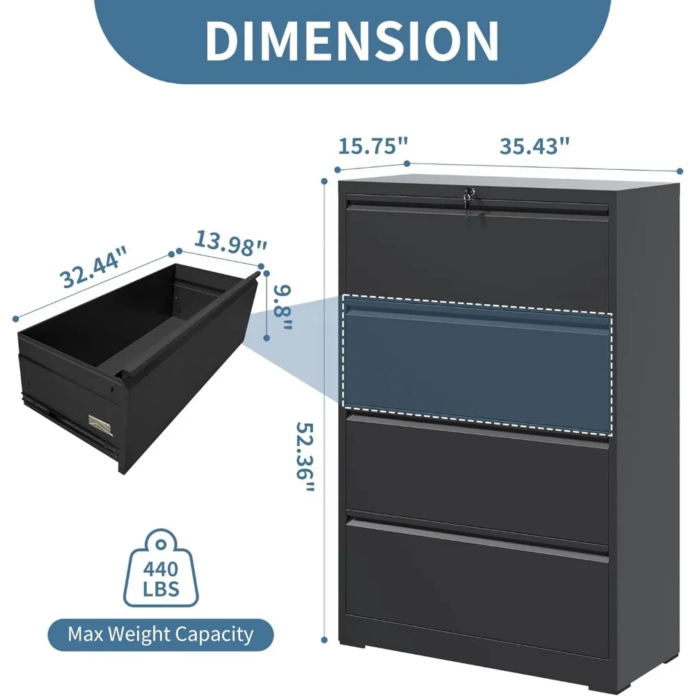 خزانة ملفات جانبية معدنية مع قفل، خزانة ملفات فولاذية ذات 4 أدراج للمكتب المنزلي، خزانة تنظيم واسعة للتخزين
