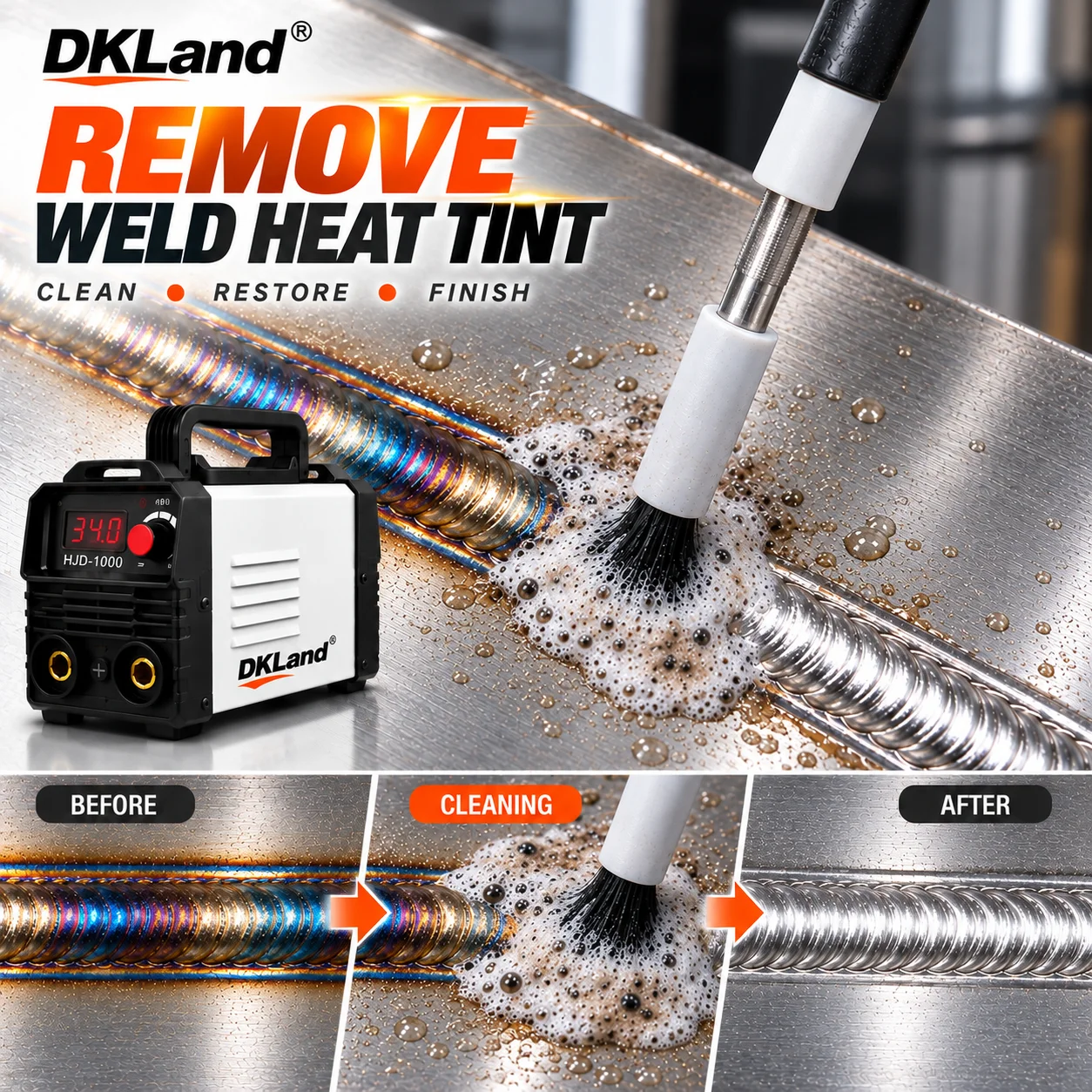 TIG MIG Weld Cleaning Machine Stainless Steel Electrolytic Heat Tint Discoloration Stain Remover Carbon Fiber Brush Weld Bead