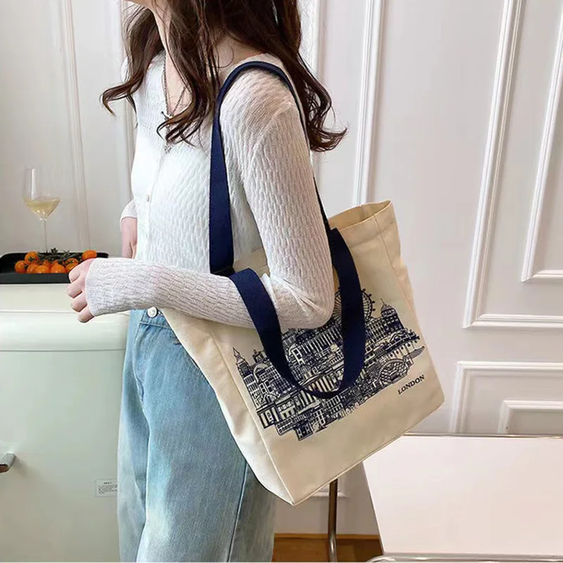 Women Canvas Shoulder Bag London Books Print Ladies Casual Handbag Tote Bag Reusable Large Capacity Cotton Shopping Beach Bag