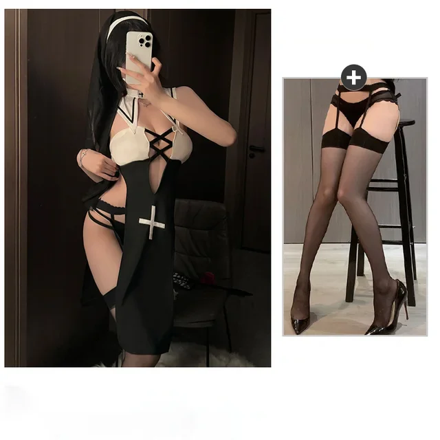 Sexy Hollow Black Dress Nun Uniform Costume High Slit Halloween Cosplay Costume Backless See-through Nightdress Skirt Outfit Set