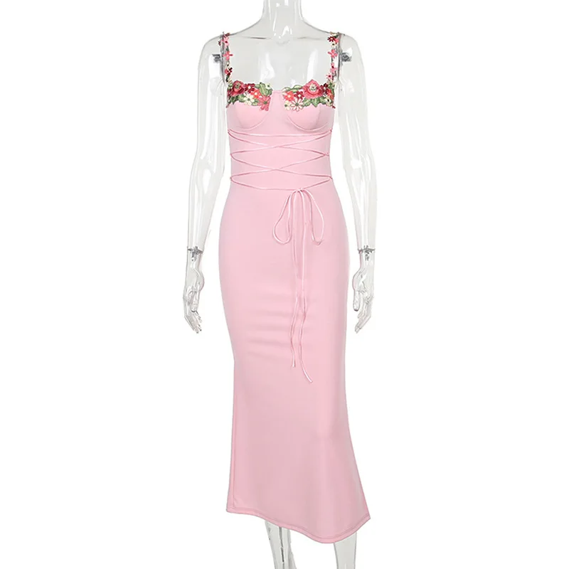 

Sexy Appliques Spaghetti Straps Long Dress Pink