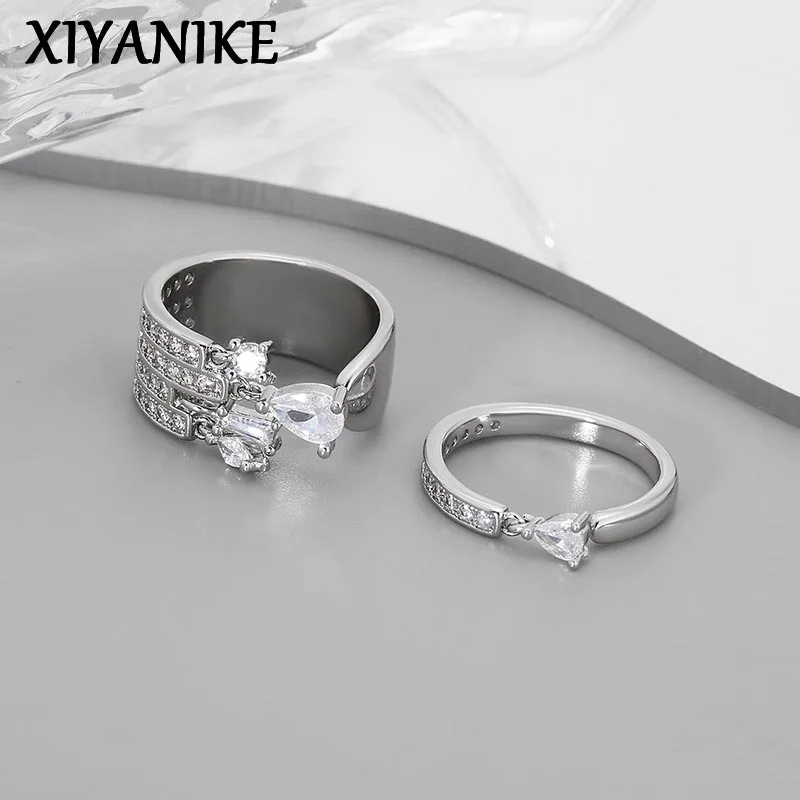 XIYANIKE Niche Waterdrop Zircon Cuff Finger Rings For Women Girl Fashion New Jewelry Friend Gift Party Wedding Anillos Mujer