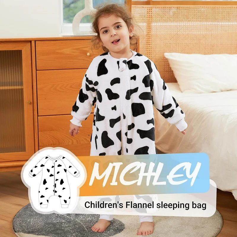 MICHLEY Cow Flannel Baby Sleeping Bag Clothes Sack Pajamas Winter Sleepwear Cute Cartoon Bodysuit Sleepsack With Feet Boys Girls