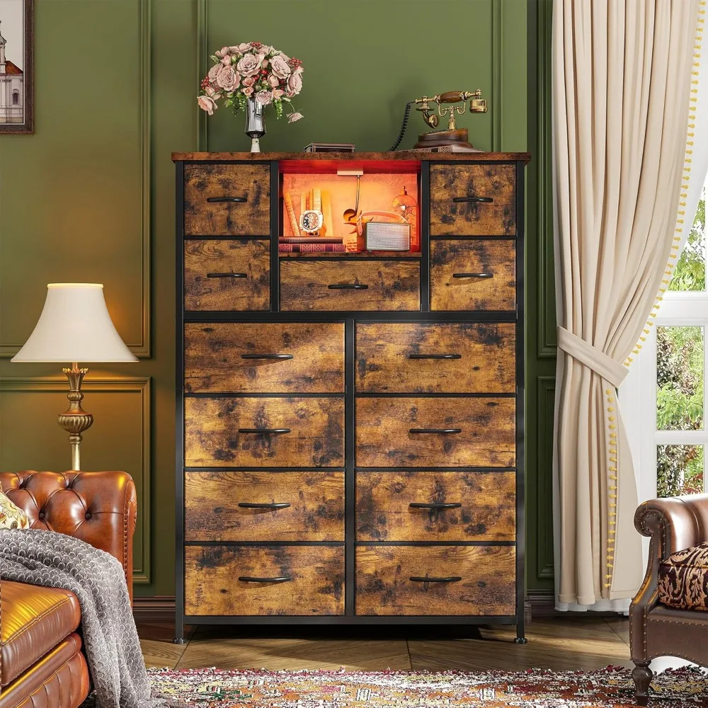 rustic brown led-lit dresser with 4 charging ports and 13 drawers for bedroom, dorm, and more