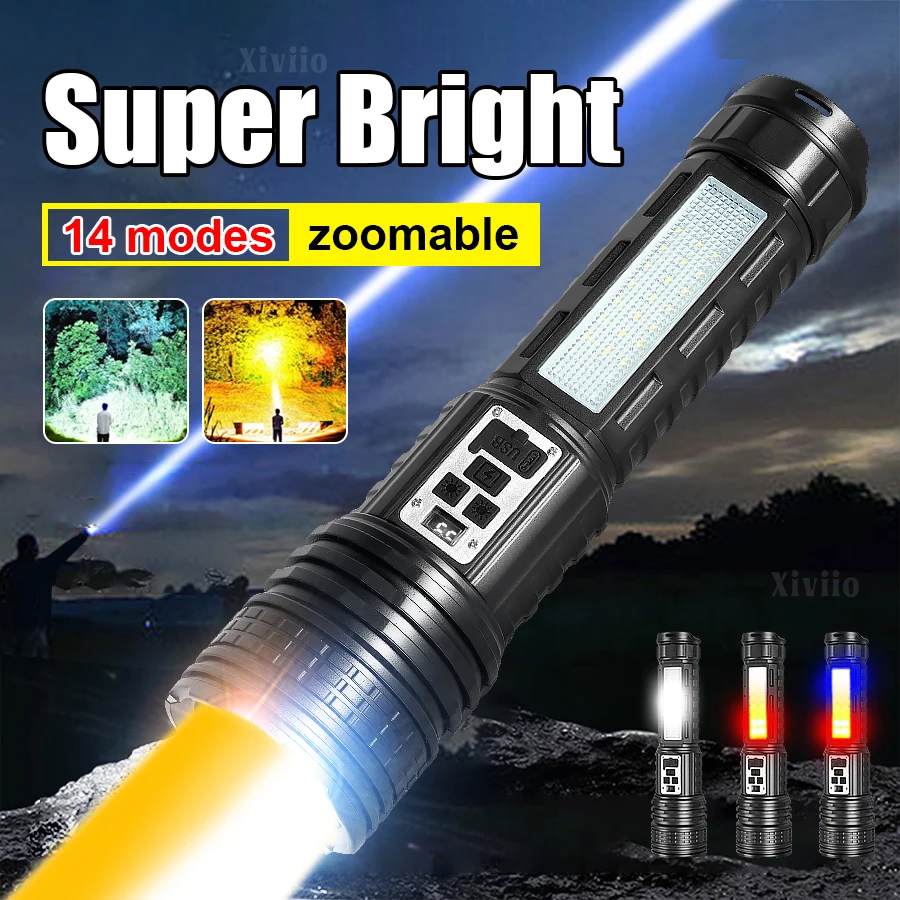 2025 Most Powerful LED Flashlight USB Rechargeable High Power Led Torch ABS Multifunctional Tactical Flashlight with COB Light