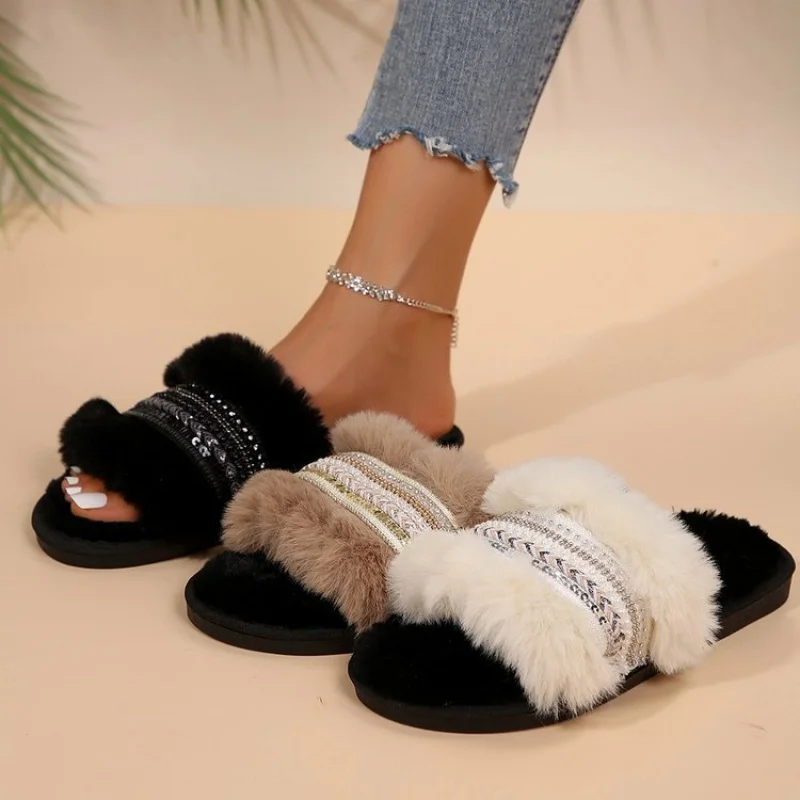 

Женские меховые тапочки с плетеным узором, 2025 г., разноцветные плюшевые шлепанцы из искусственного меха, женские домашние тапочки без шнуровки на плоской подошве, хлопковые тапочки Mujer