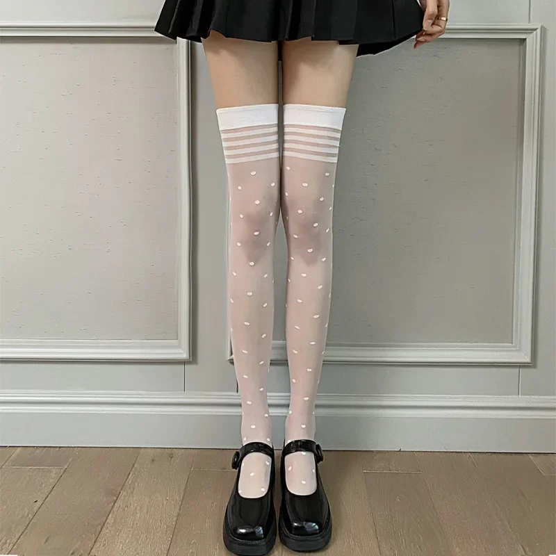 Calcetines largos de nailon transparente ultrafinos para mujer, medias altas hasta el muslo JK Lolita, calcetines hasta la rodilla de lunares de estilo japonés