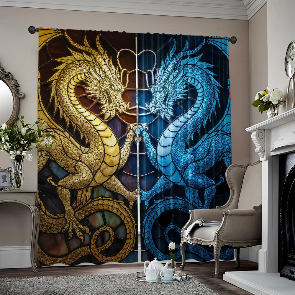 2pcs, 2D flat Curtains Dragon Print Protecting Privacy Festive Wall Decor Suitable for translucent polyester curtains Party