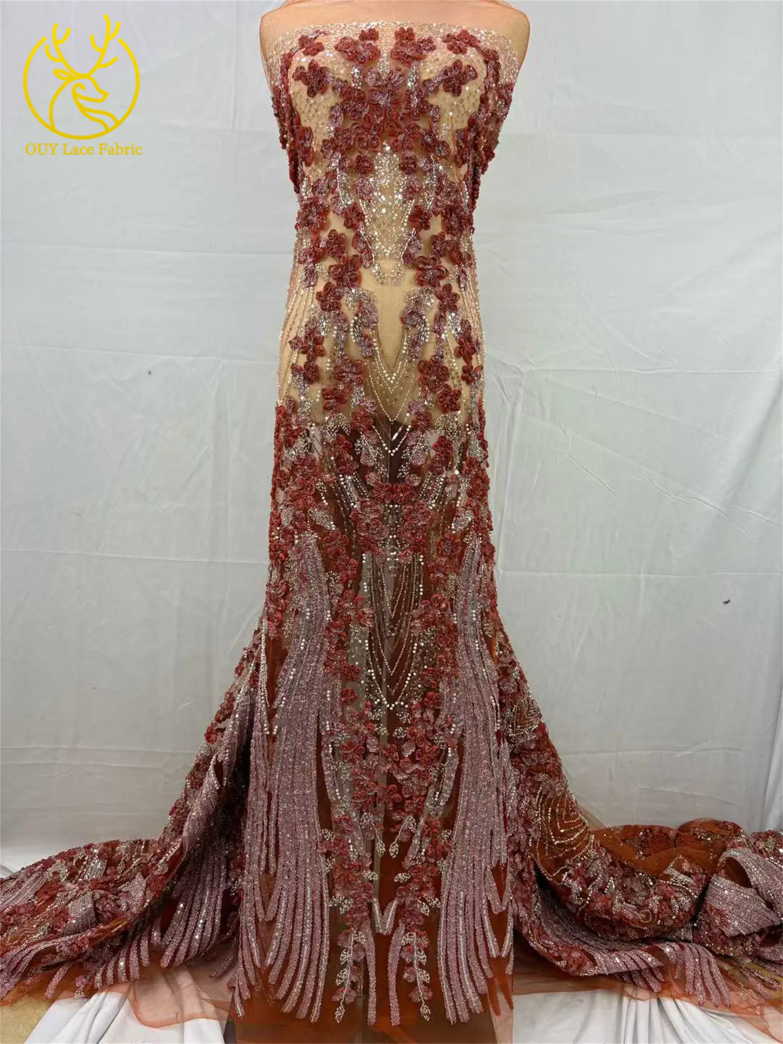 Hochwertiger afrikanischer Perlen-Spitzenstoff, 3D-eleganter französischer nigerianischer Pailletten-Tüll-Spitzenstoff für Damen, Party, Hochzeitskleid, Nähen, 5Y – Detail 5