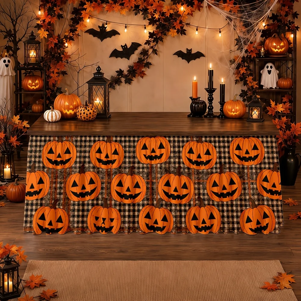 Table Skirt, Halloween Style Pumpkin Pattern Plaid Background Party Tablecloth 1pc