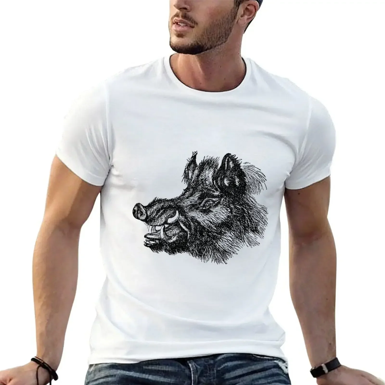 Vintage Wild Boar Head Illustration Retro 1800s Black and White Image T-Shirt tops street wear men clothing