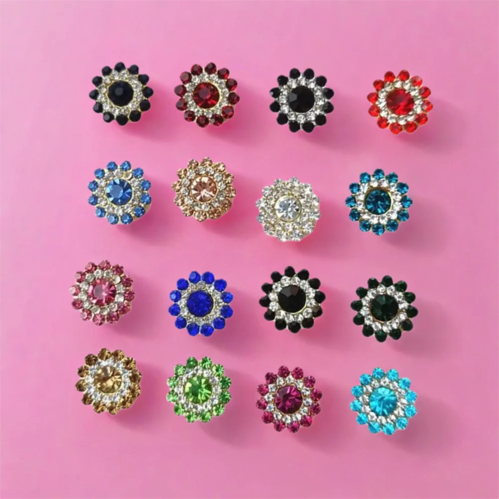 

10PCS 14mm Flower-shaped Rhinestone Buttons Sparkling Crystal Glass Stone Steel Bottom Clothes Decoration Sewing Accessories
