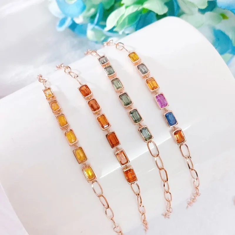 Ruihe New Hot Sale Ins 18K Gold Setting Natural Colourful Sapphire Gemstone Bracelets Fashion Women Jewelry Charm Bracelet Gift