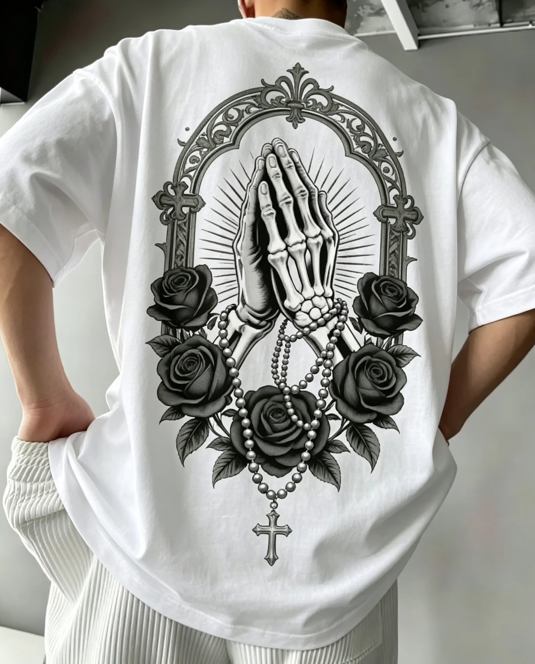 2026 New Unisex O-neck Short Sleeve T-shirt, Gothic Praying Skeleton Hands Black Rose Cross Rosary Back Print,
