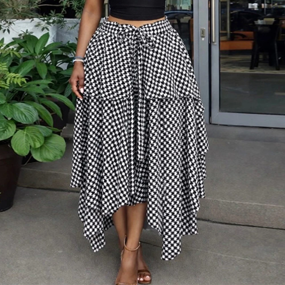 Trendige Sommerröcke für Damen: Streetwear High-Waist-Schleifenrock mit Karomuster und unregelmäßigem Taschentuch-Flare-Saum – Neu 2026 – Detail 5
