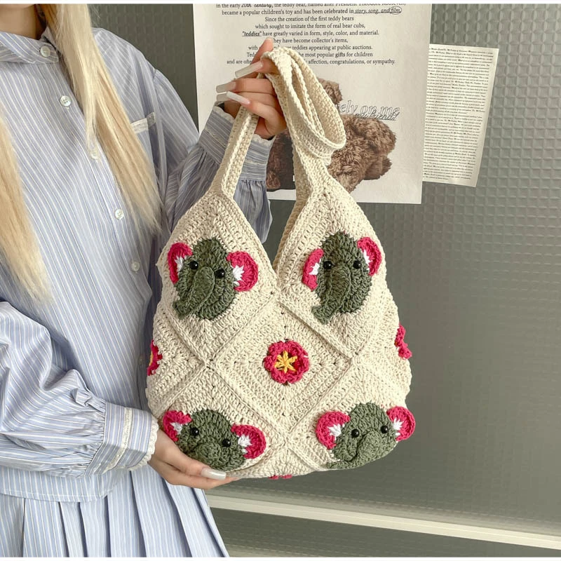 

Canva Hand-woven Shoulder Bag 3d Elephant Design Diamond Quilted Openwork Tote Bag Casual Versatile Large-capacity Crossbody Bag