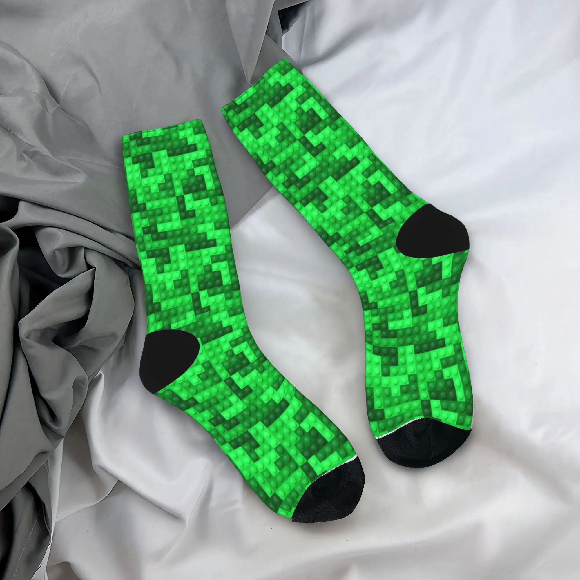 Couple Socks Green Gradient Building Blocks Pattern  Stockings Autumn Fashion Quality Socks Design Running Anti Skid Socks
