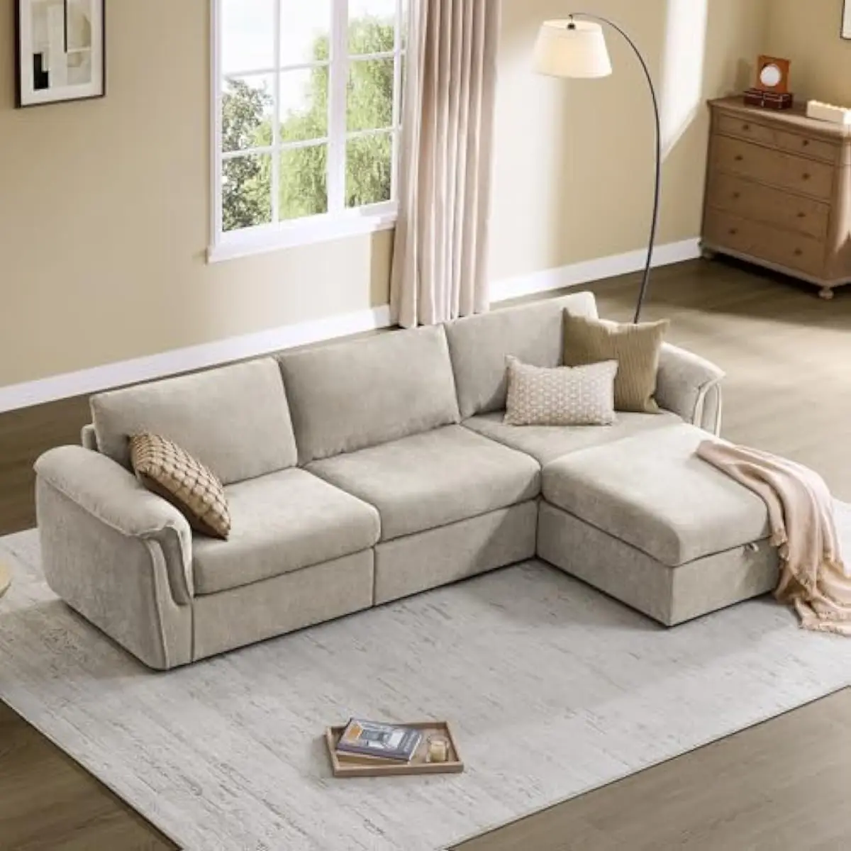Extra-large modular sectional sofa with chaise and storage ottoman, L-shaped 4-person configuration, taupe chenille upholstery,