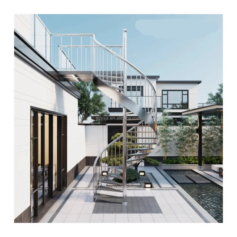 op maat. Moderne stalen buitentrap, eigentijds, eenvoudig te installeren trap