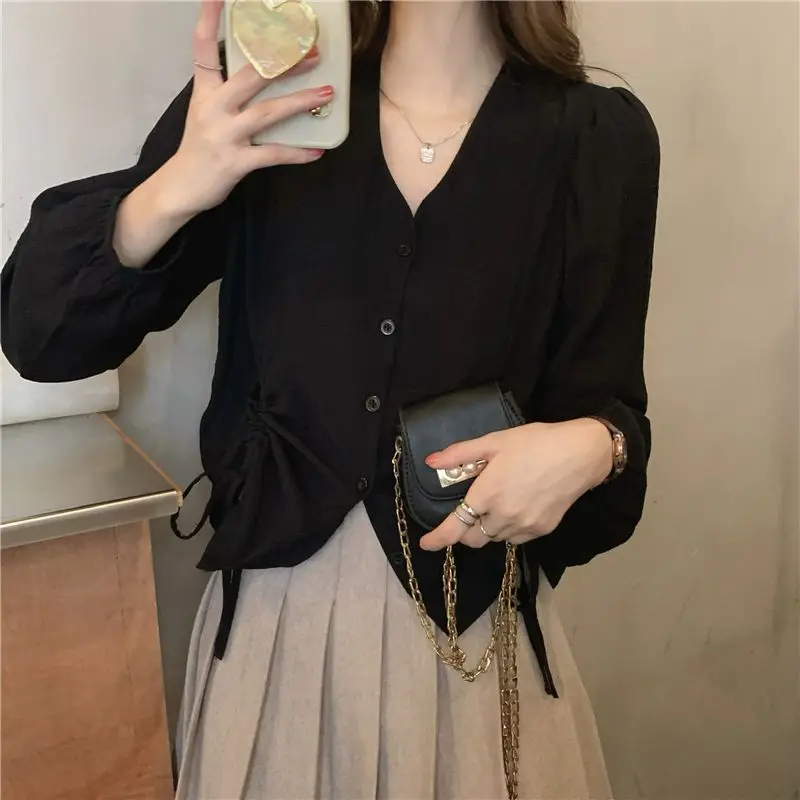 2024 Autumn Women\'s New Spliced Button Drawstring V-neck Fashion Solid Color Loose Minimalist Casual Long Sleeved Blouses Shirts