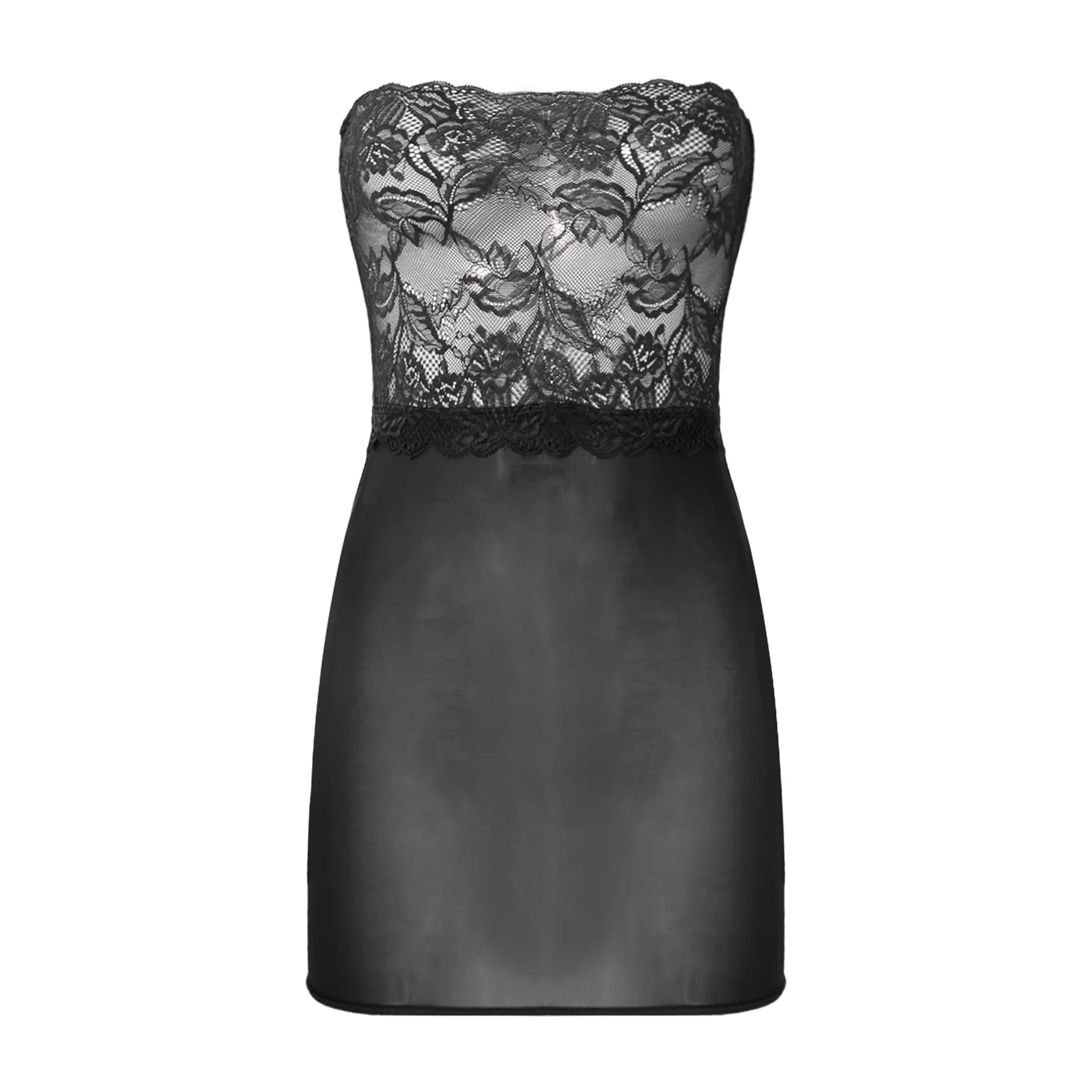 

Womens New See Through Lingerie Minidress Floral Lace Patchwork Strapless Glossy Bodycon Dress Tempting Tube Dress Nightdresses