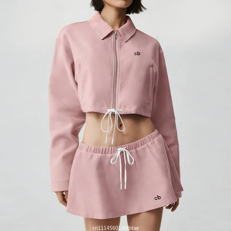 Women 2Pcs Casual Sports Set 2026 New Zip Stand Collar Drawstring Waist Coat & Mini Skirt Cotton Blend Draped Breathable Outfit