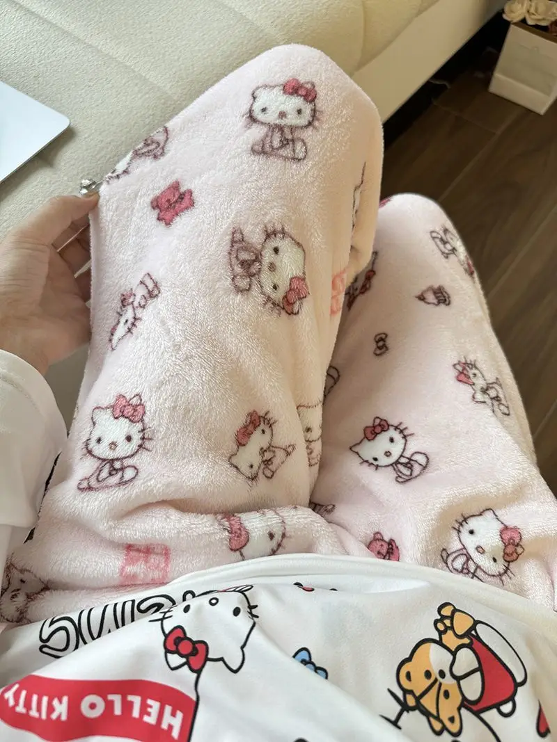

Sanrio Hello Kitty фланелевые пижамные штаны женские осенне-зимние новые утолщенные теплые повседневные домашние брюки из кораллового флиса с высокой талией
