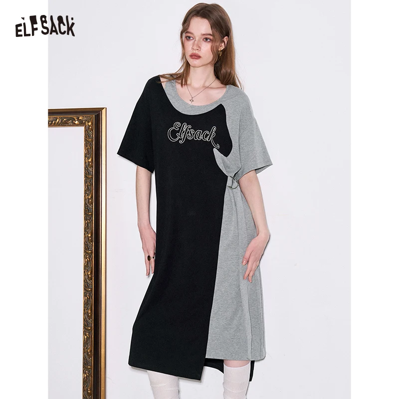 

ELFSACK Pink Brown Colorblock Cut Out T-Shirt Dress, D-Ring Belt Casual Midi Dress, Cute Retro Loose Dress for Women
