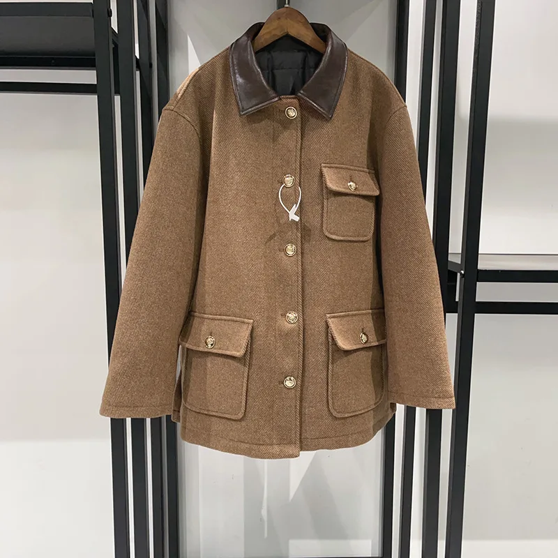 هدية مجانية】 معطف صوف سميك بنمط المال القديم لخريف وشتاء 2025، سترة مبطنة متوسطة الطول مع أزرار ذهبية #2