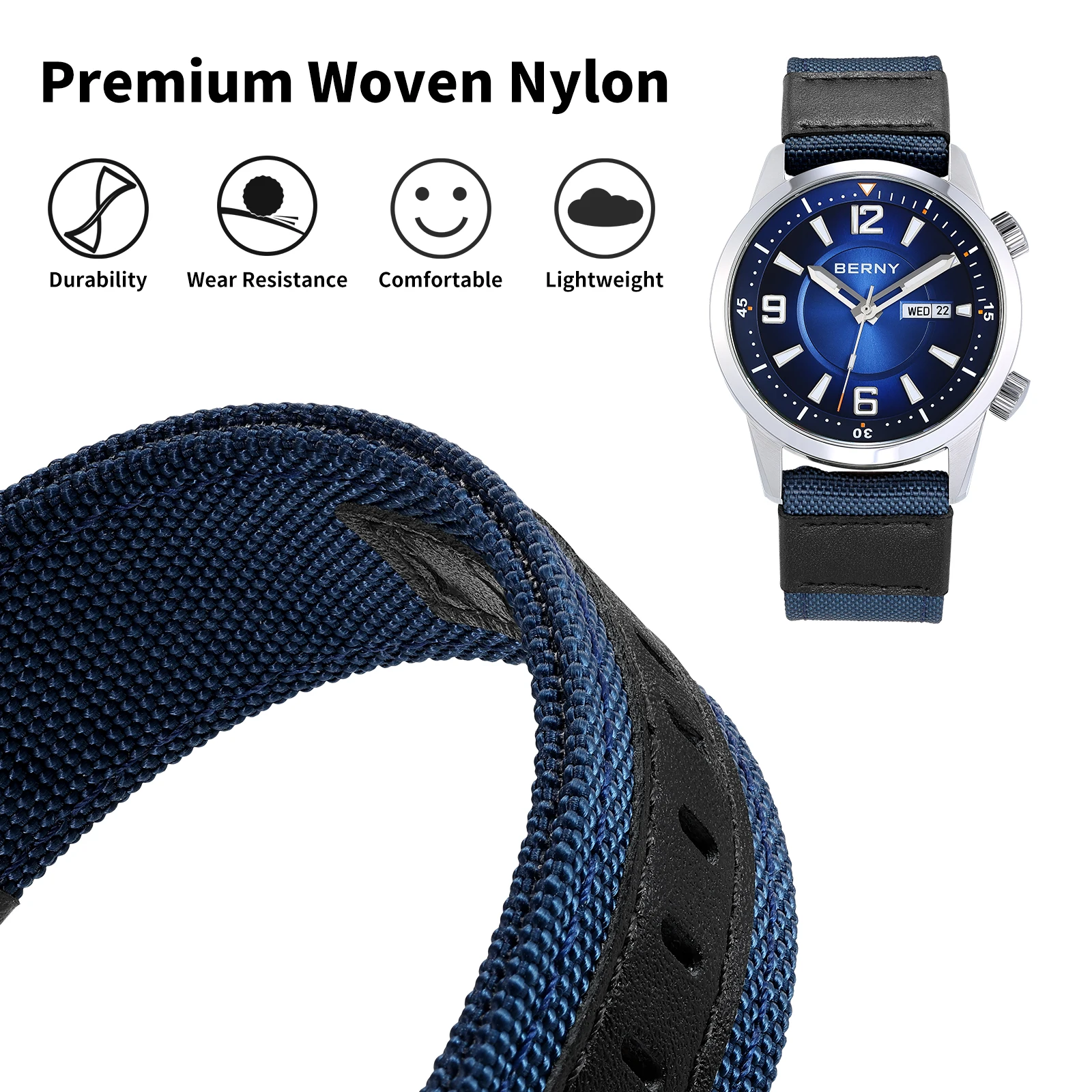 BERNY 20/22 mm Nylon-Uhrenarmband, atmungsaktiv, Sport-Uhrenarmbänder, gewebtes Nylon-Armband, Haltbarkeit, Stahlschnalle, werkzeugloses Uhrenarmband – Detail 17