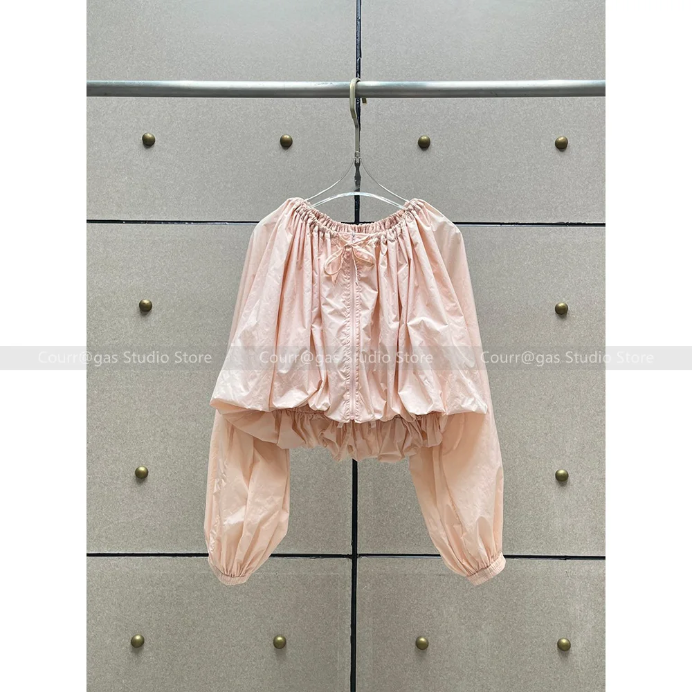 

Niche fashion suit lace-up round neck short lantern sleeve zip jacket + pleated drawstring leg nine-minute trousers female