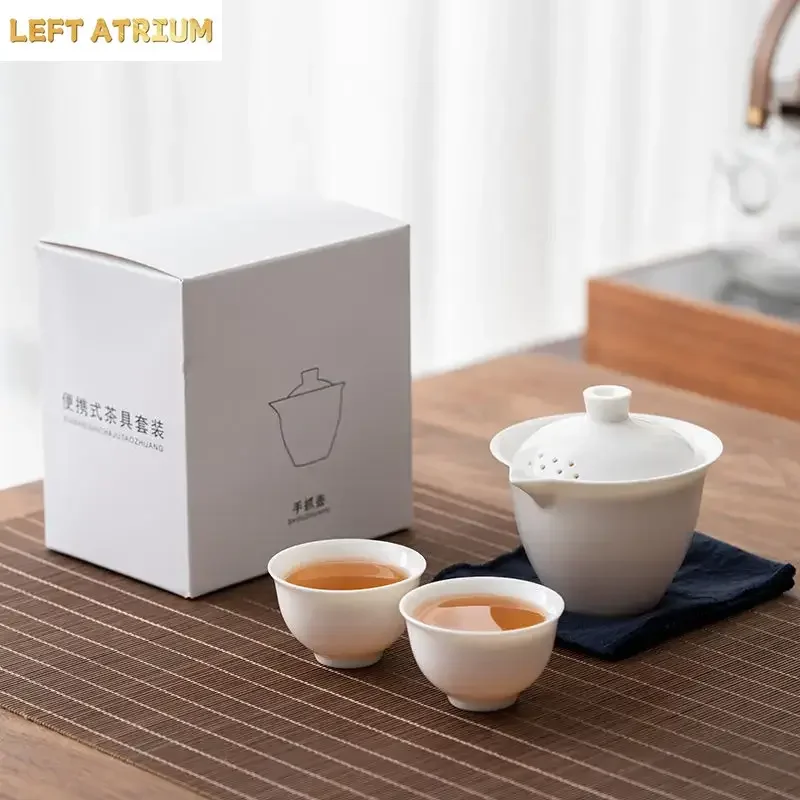 Raw Mineral Sheep Fat Jade White Porcelain Cup Handheld Teapot Ceramic Portable Travel Tea Set Dehua White Porcelain