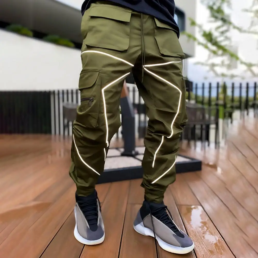 Men Cargo Pants Ankle-banded Reflective Patchwork Multi Pockets Loose Casual Straight Leg Trousers Outdoor Sport Jogging Camping