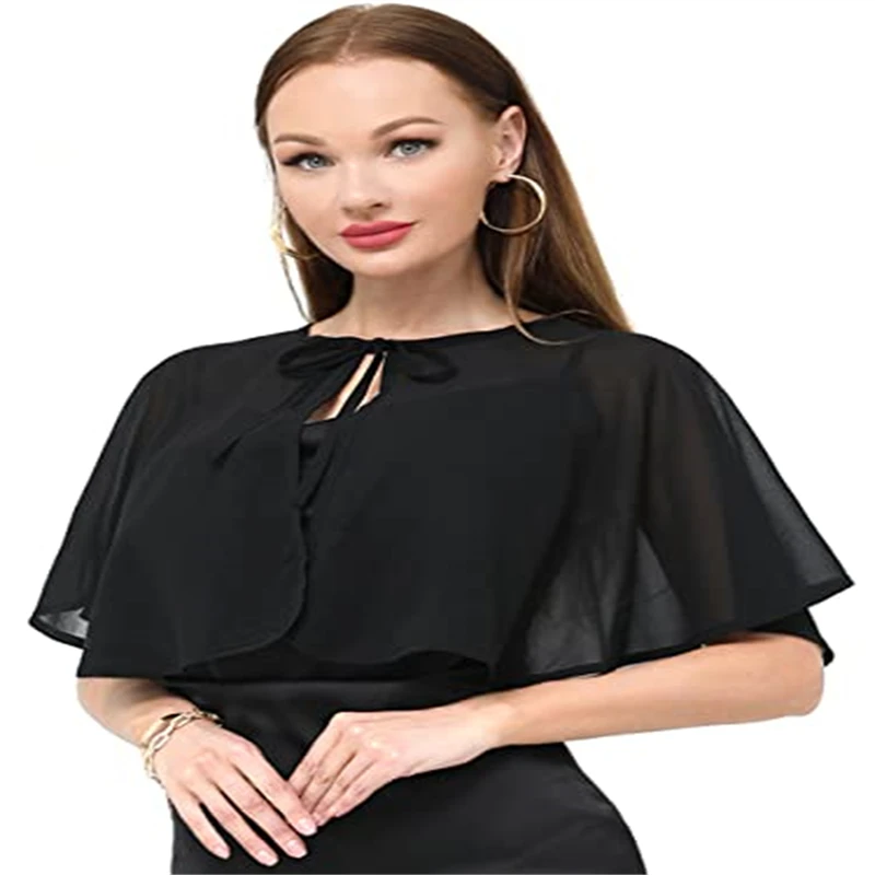 

Womens Elegant Summer Pearl Buckle Capes Ladies Soft Chiffon Wedding Wraps Shrug Bridal Bolero Long Shawl