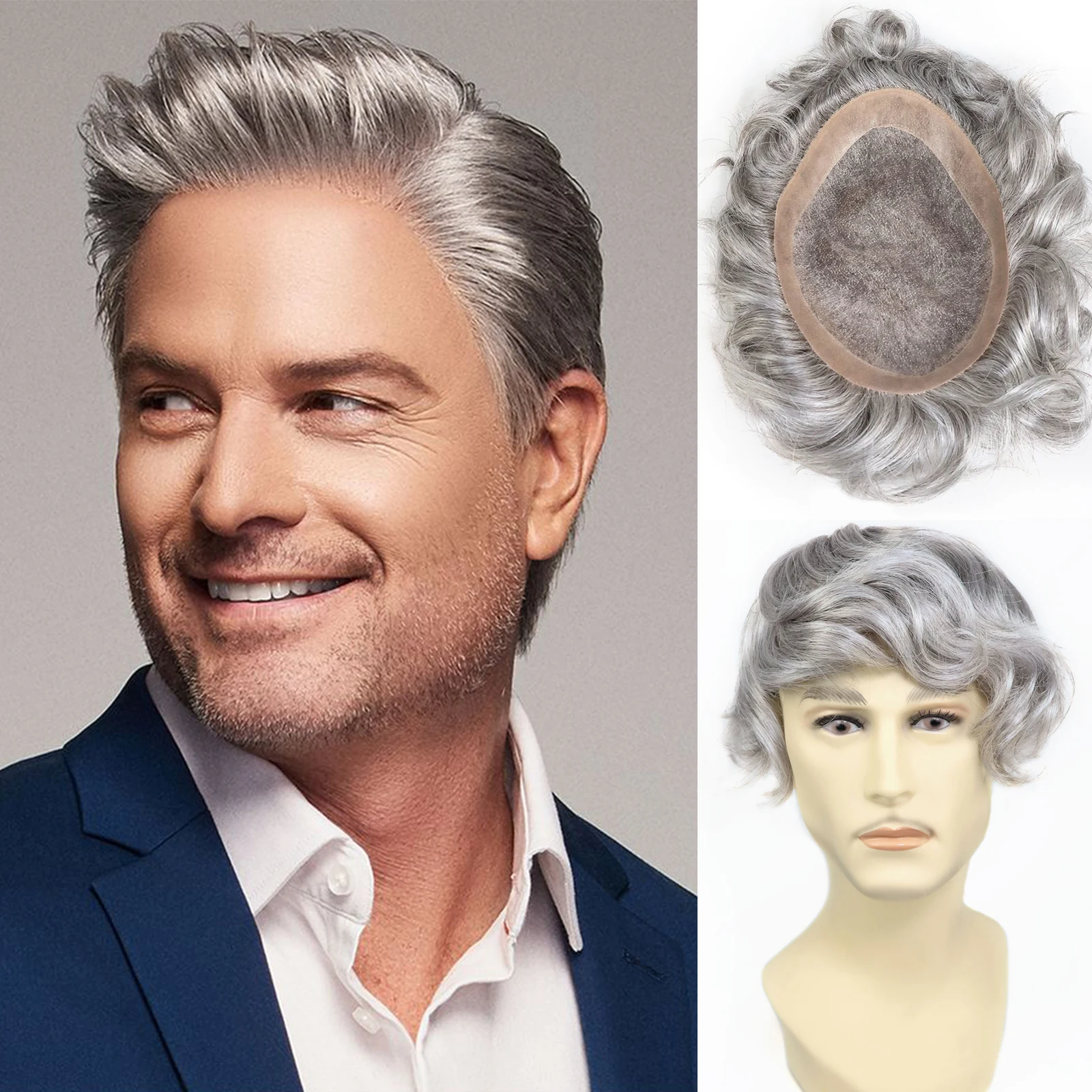 

Мужской парик из натуральных волос для мужчин, искусственная кожа вокруг моноцентной основы, мужской смешанный настоящий серый коричневый парик, 8x10 дюймов, система парика, естественный вид