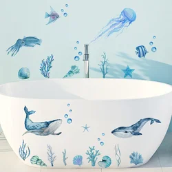 Creative Blue Ocean Dolphin Jellyfish Bathtub Decorative Wall Sticker Bathroom Simple Self-Adhesive Wall Sticker